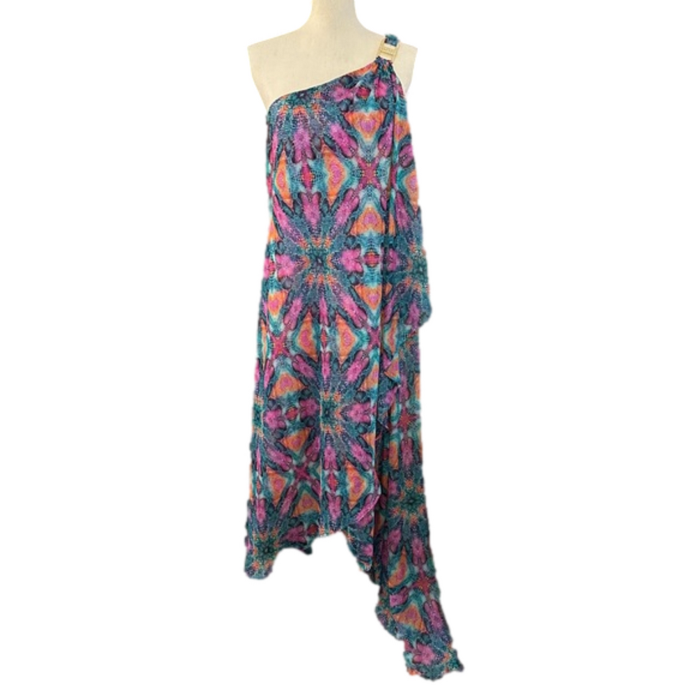 NWOT Laundry Multicolored Draped Chiffon One Shoulder Dress Size 12